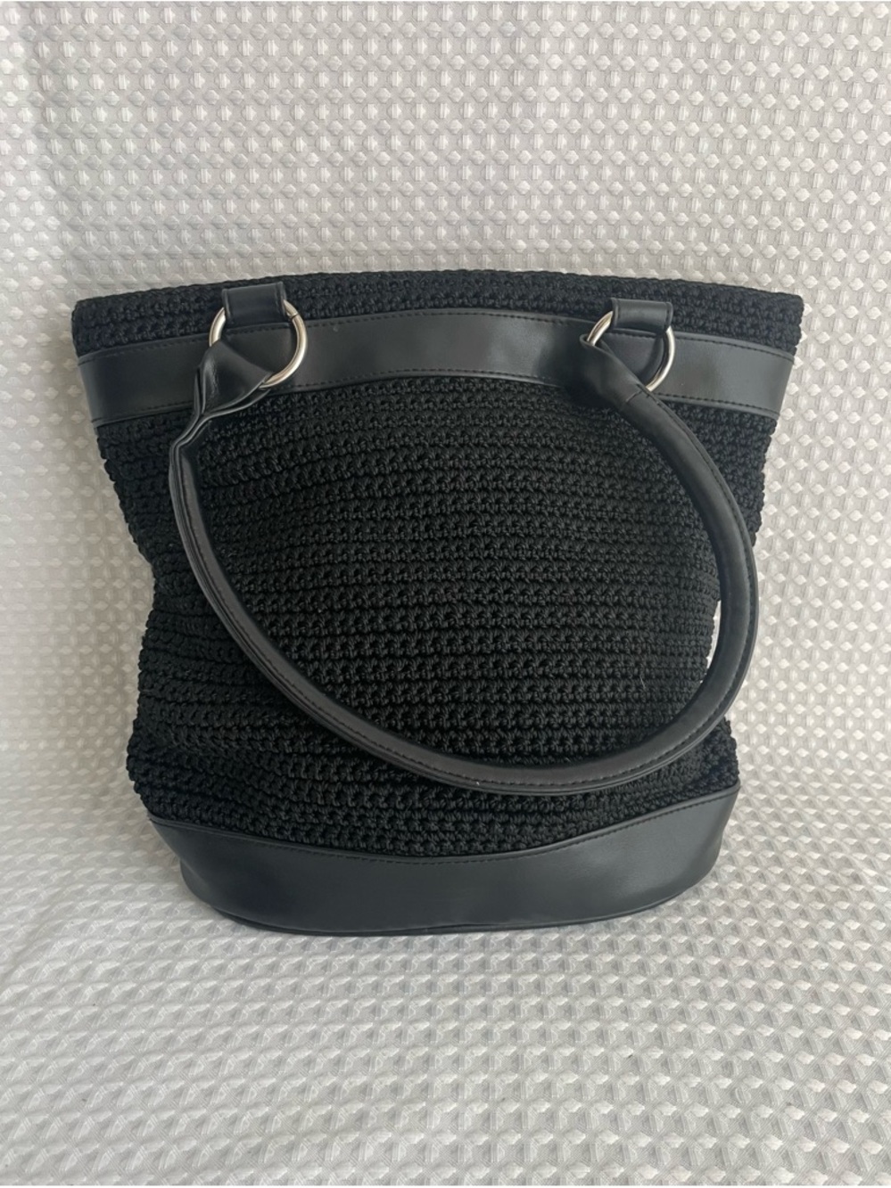 Black Crochet Knit Tote Bag‎ with Faux Leather Trim 12" X 12" GUC #839